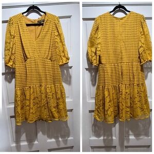 Melonie T Mustard Yellow Lace Dress Boho Tiered Floral Fully Lined Size 16 EUC